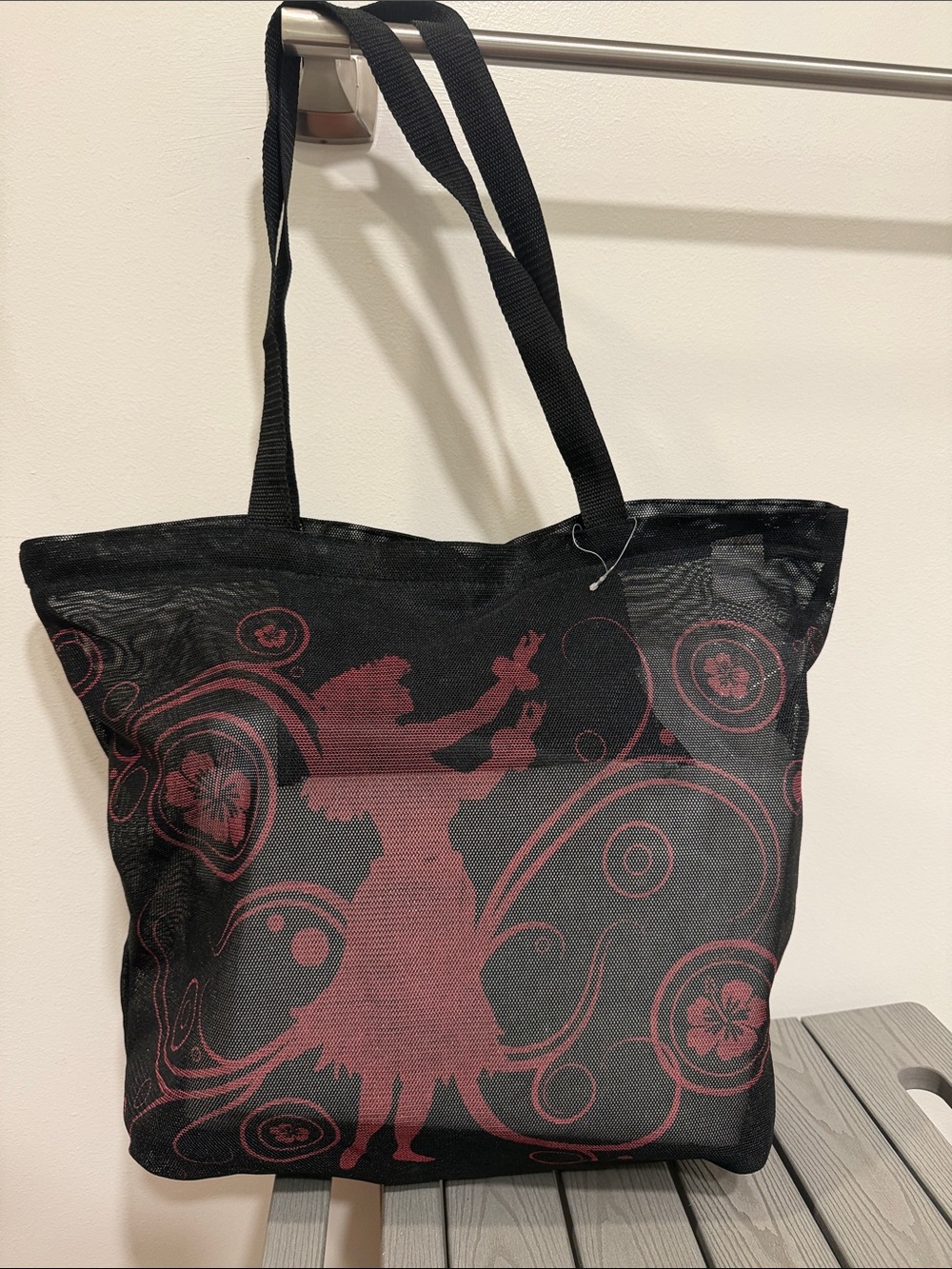 Black Mesh Tote with Burgundy Hula Dancer Graphic - Women